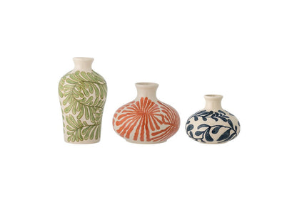 Luxusbetten24 Flower Dream Vasenset 3‑teilig aus Steingut Grün/Orange/Blau