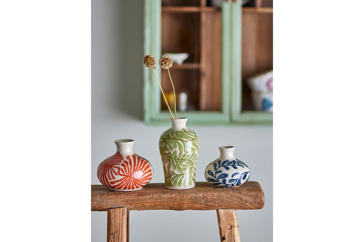 Luxusbetten24 Flower Dream Vasenset 3‑teilig aus Steingut Grün/Orange/Blau