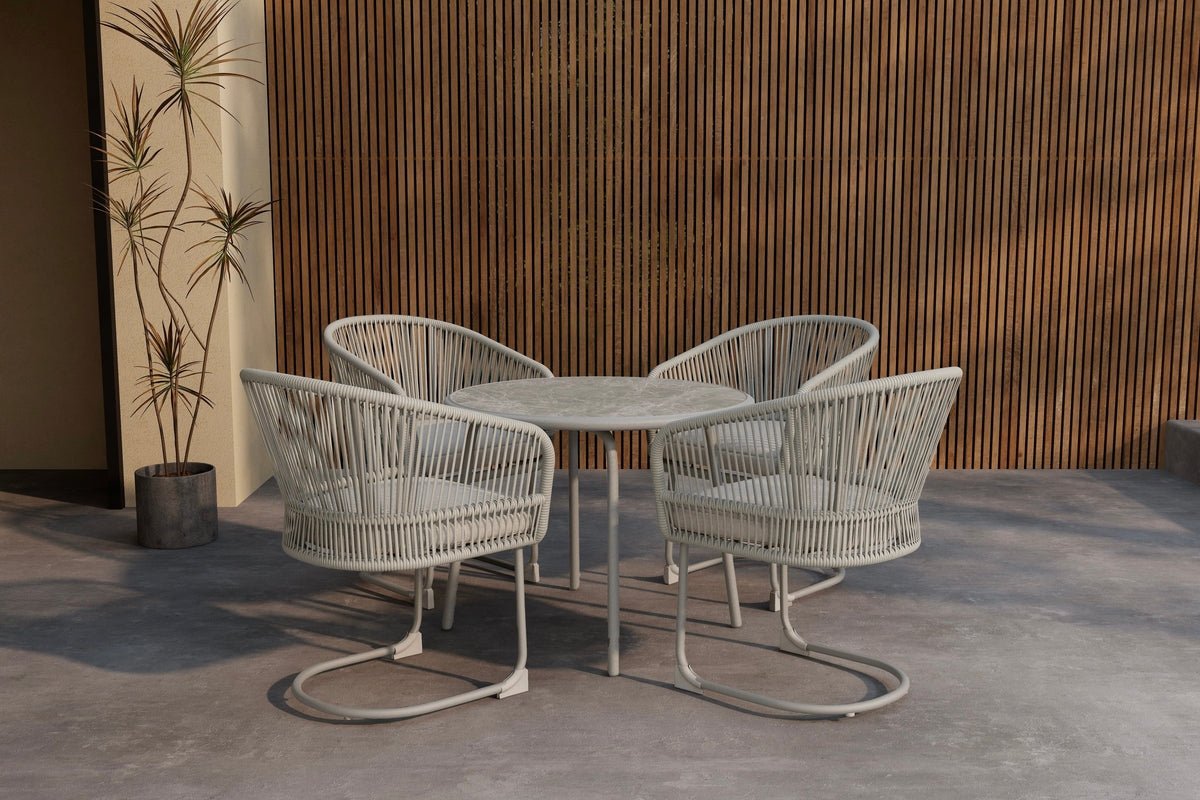 Garten Loungeset Taila – mit Rundem Esstisch und 4 Stühlen in Beige & Hellgrau