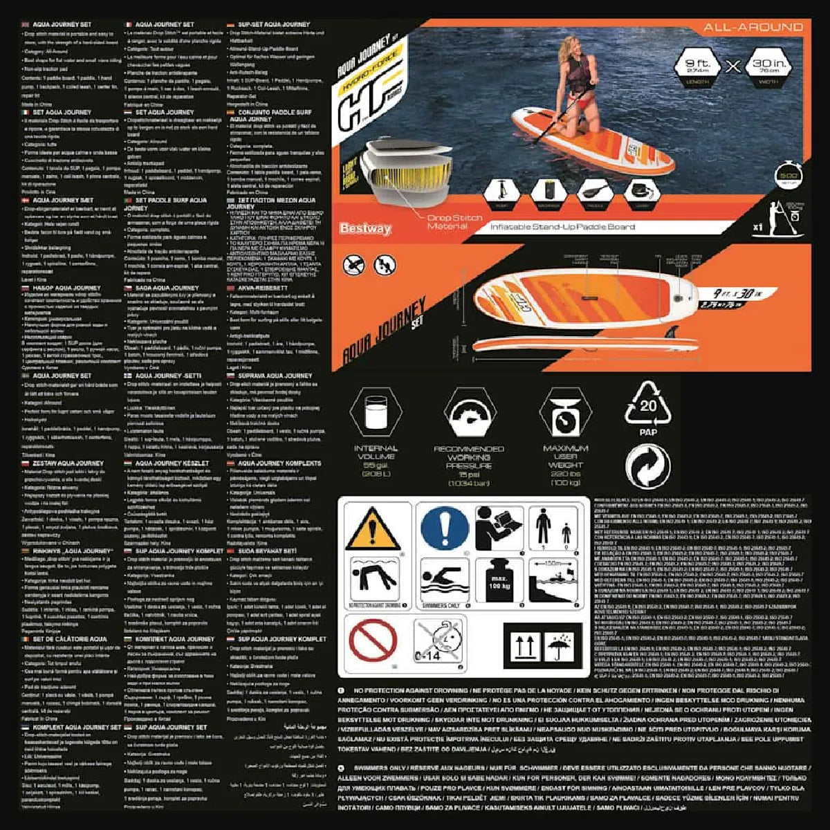 Bestway Aqua Journey Tabla Paddle Surf Inflable 274x76x12 Naranja