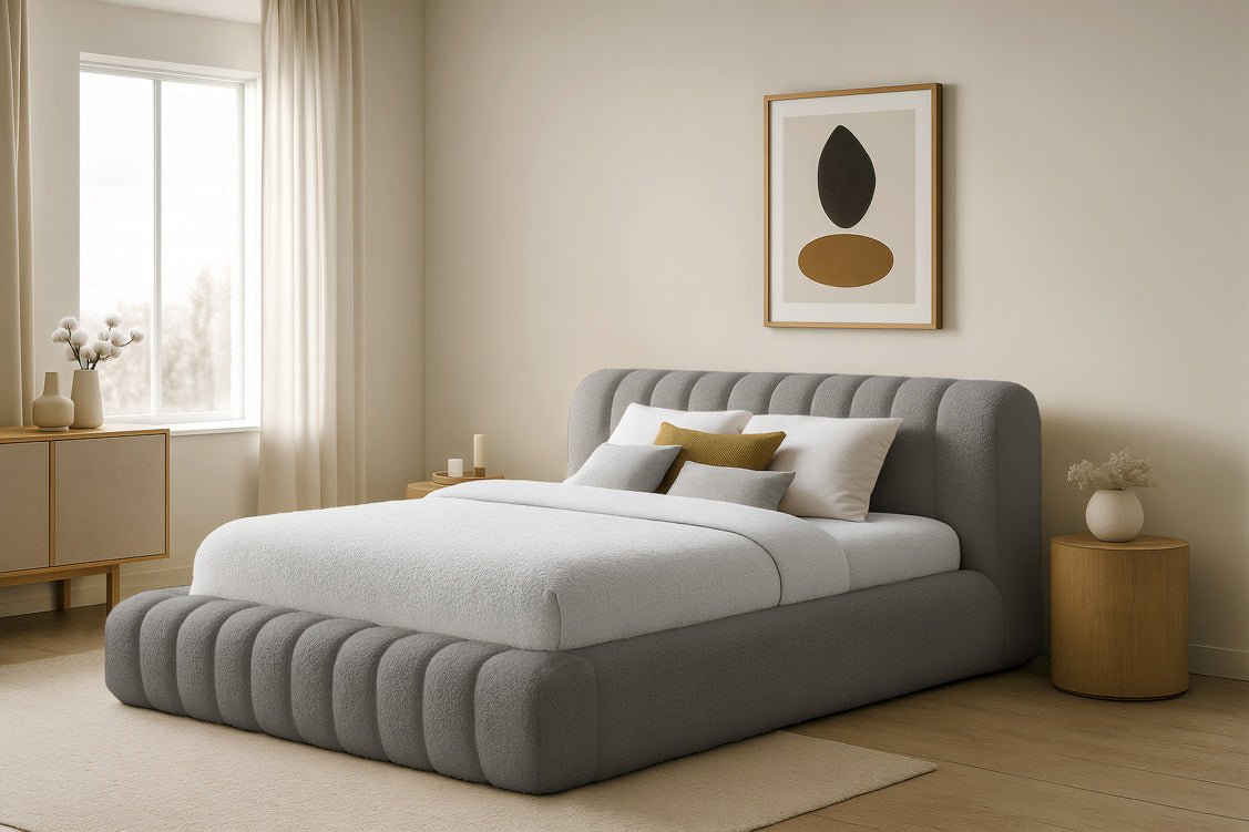 Luxusbetten24 Designer Selene Bouclé Polsterbett 120x200 Beige mit Stauraum