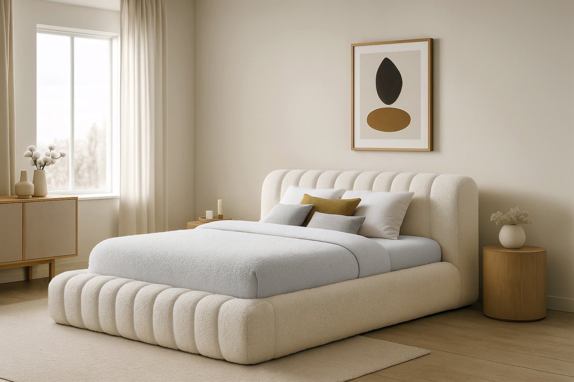 Luxusbetten24 Designer Selene Bouclé Polsterbett 120x200 Beige mit Stauraum