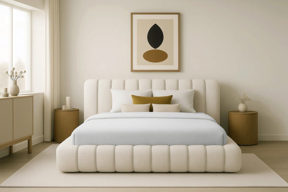 Luxusbetten24 Designer Selene Bouclé Polsterbett 120x200 Beige mit Stauraum