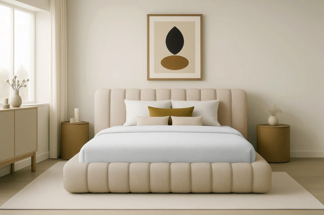 Luxusbetten24 Designer Selene Bouclé Polsterbett 120x200 Beige mit Stauraum