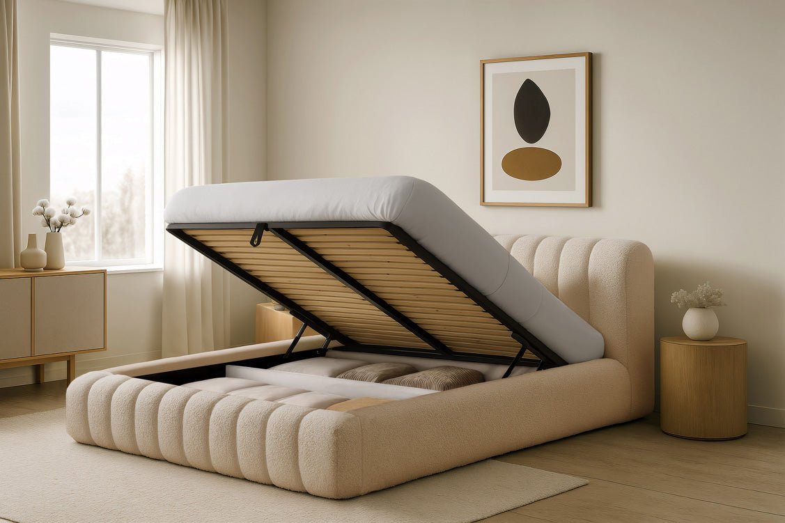 Luxusbetten24 Designer Selene Bouclé Polsterbett 120x200 Beige mit Stauraum