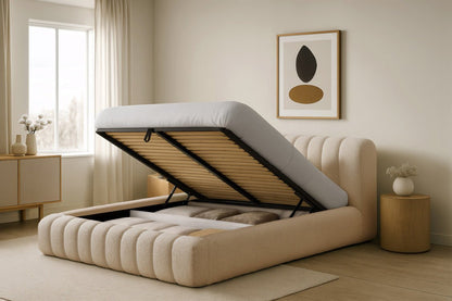 Luxusbetten24 Designer Selene Bouclé Polsterbett 120x200 Beige mit Stauraum