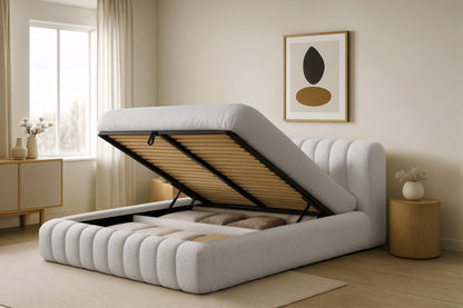 Luxusbetten24 Designer Selene Bouclé Polsterbett 120x200 Beige mit Stauraum