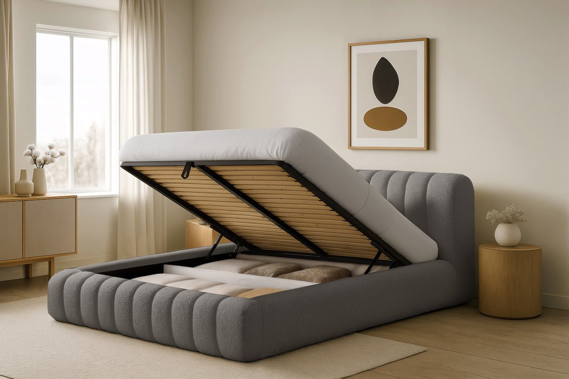 Luxusbetten24 Designer Selene Bouclé Polsterbett 120x200 Beige mit Stauraum