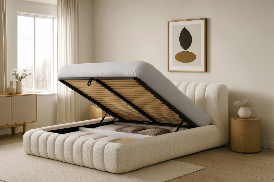 Luxusbetten24 Designer Selene Bouclé Polsterbett 120x200 Beige mit Stauraum