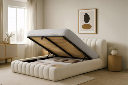 Luxusbetten24 Designer Selene Bouclé Polsterbett 120x200 Beige mit Stauraum