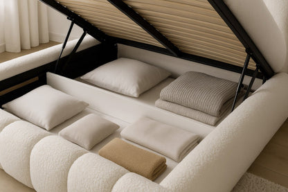 Luxusbetten24 Designer Selene Bouclé Polsterbett 120x200 Beige mit Stauraum