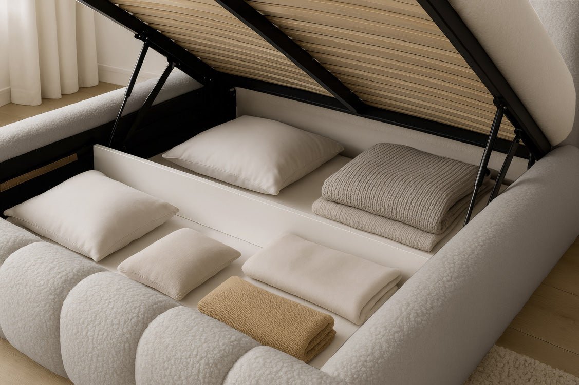 Luxusbetten24 Designer Selene Bouclé Polsterbett 120x200 Beige mit Stauraum
