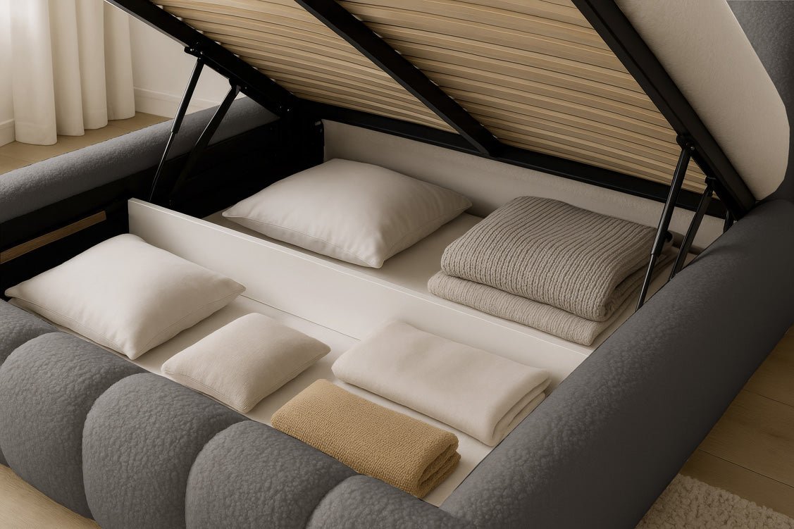 Luxusbetten24 Designer Selene Bouclé Polsterbett 120x200 Beige mit Stauraum
