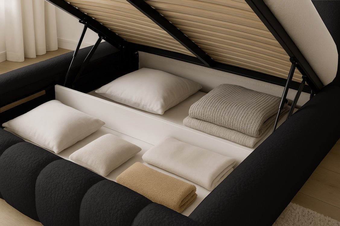 Luxusbetten24 Designer Selene Bouclé Polsterbett 120x200 Beige mit Stauraum