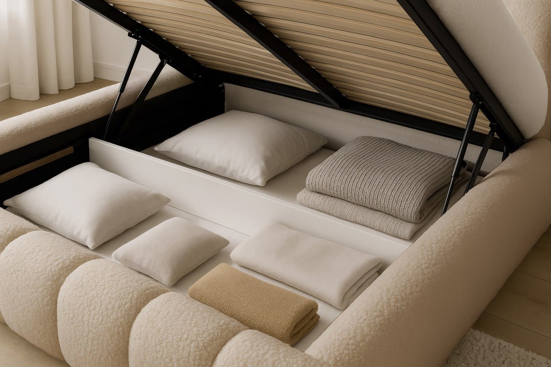 Luxusbetten24 Designer Selene Bouclé Polsterbett 120x200 Beige mit Stauraum