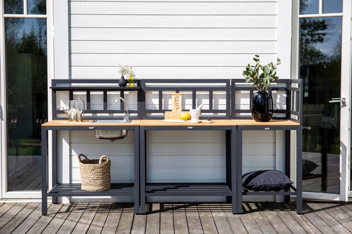 Luxusbetten24 Ablagetisch Ellie Küchenmodul mit Teakholz Arbeitsfläche Garten