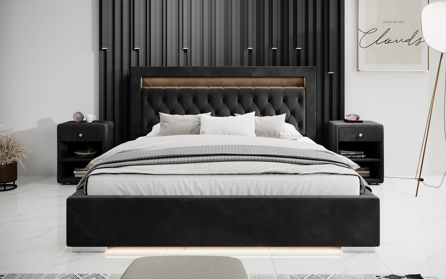 Luxusbetten24 Ida Polsterbett Samt RGB USB Stauraum 140×200 Schwarz