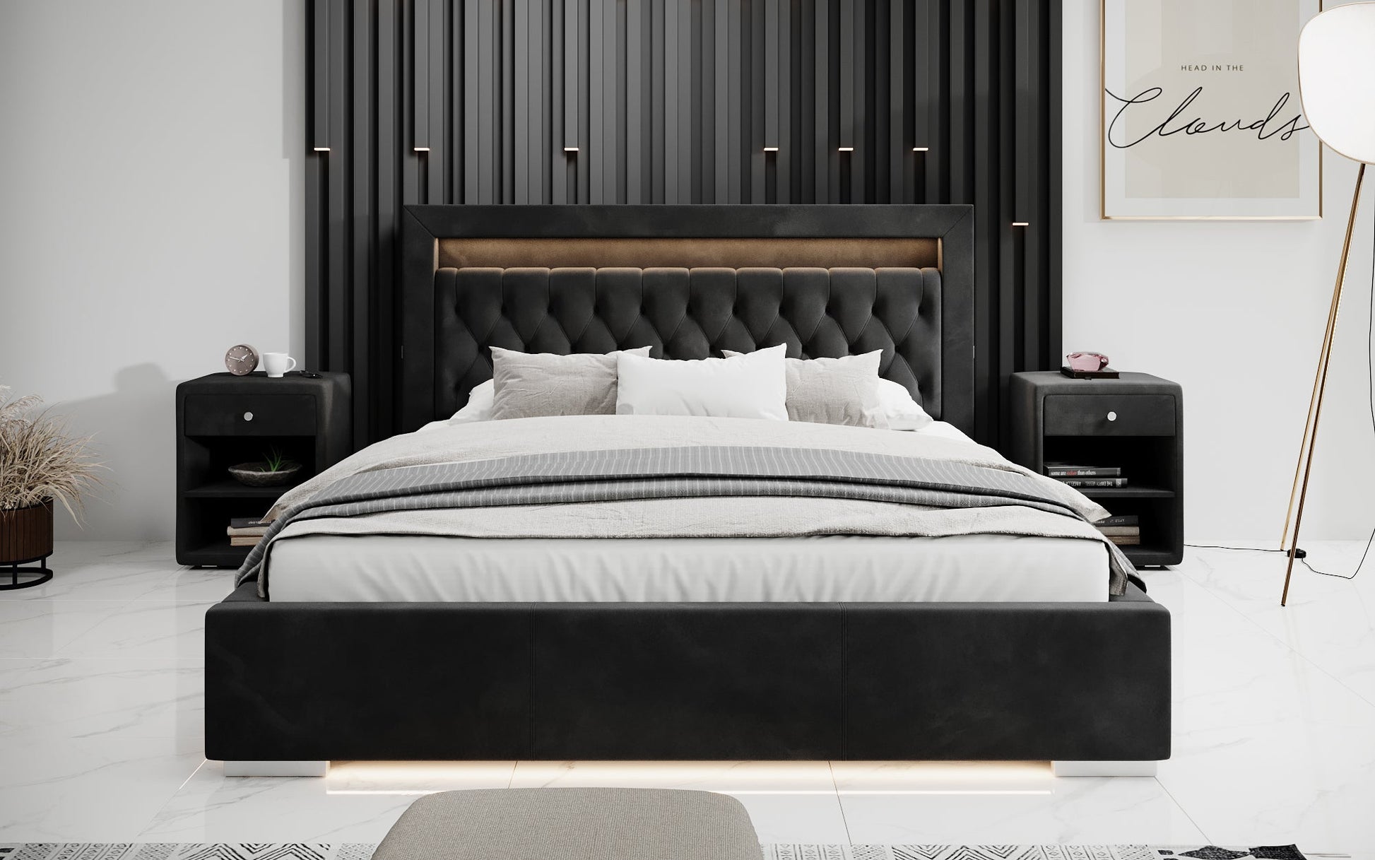 Luxusbetten24 Ida Polsterbett Samt RGB USB Stauraum 140×200 Schwarz