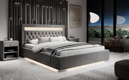 Luxusbetten24 Ida Polsterbett Samt RGB USB Stauraum 140×200 Schwarz