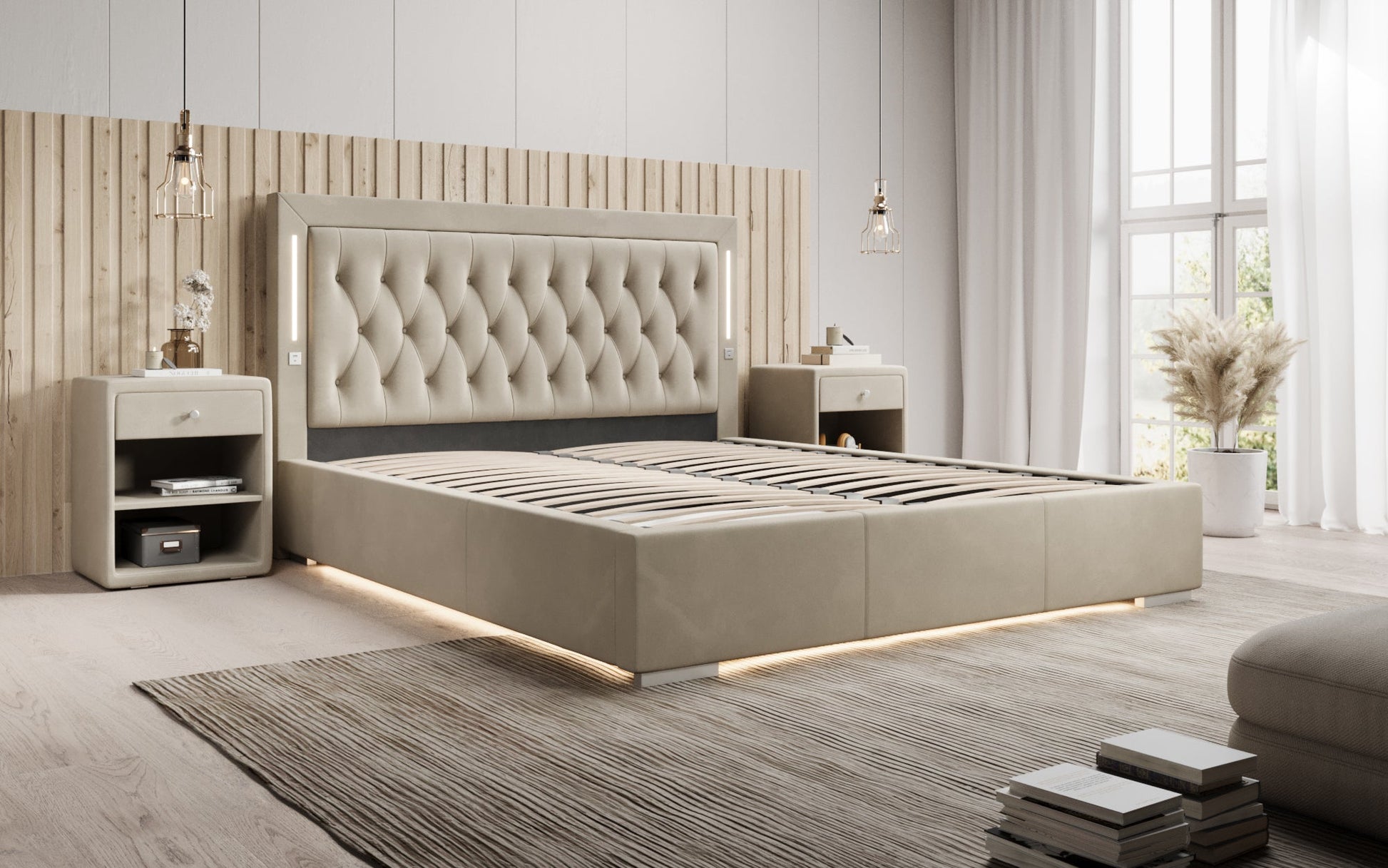 Designer Polsterbett Relina inkl. RGB, USB und Stauraum
