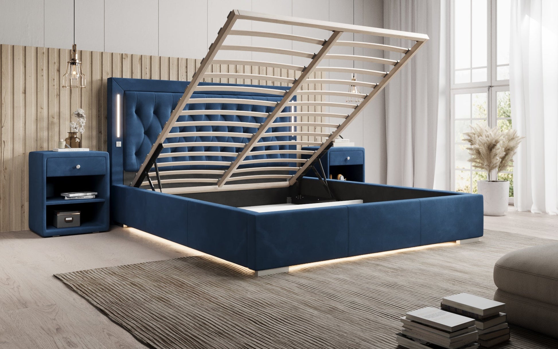 Designer Polsterbett Relina inkl. RGB, USB und Stauraum