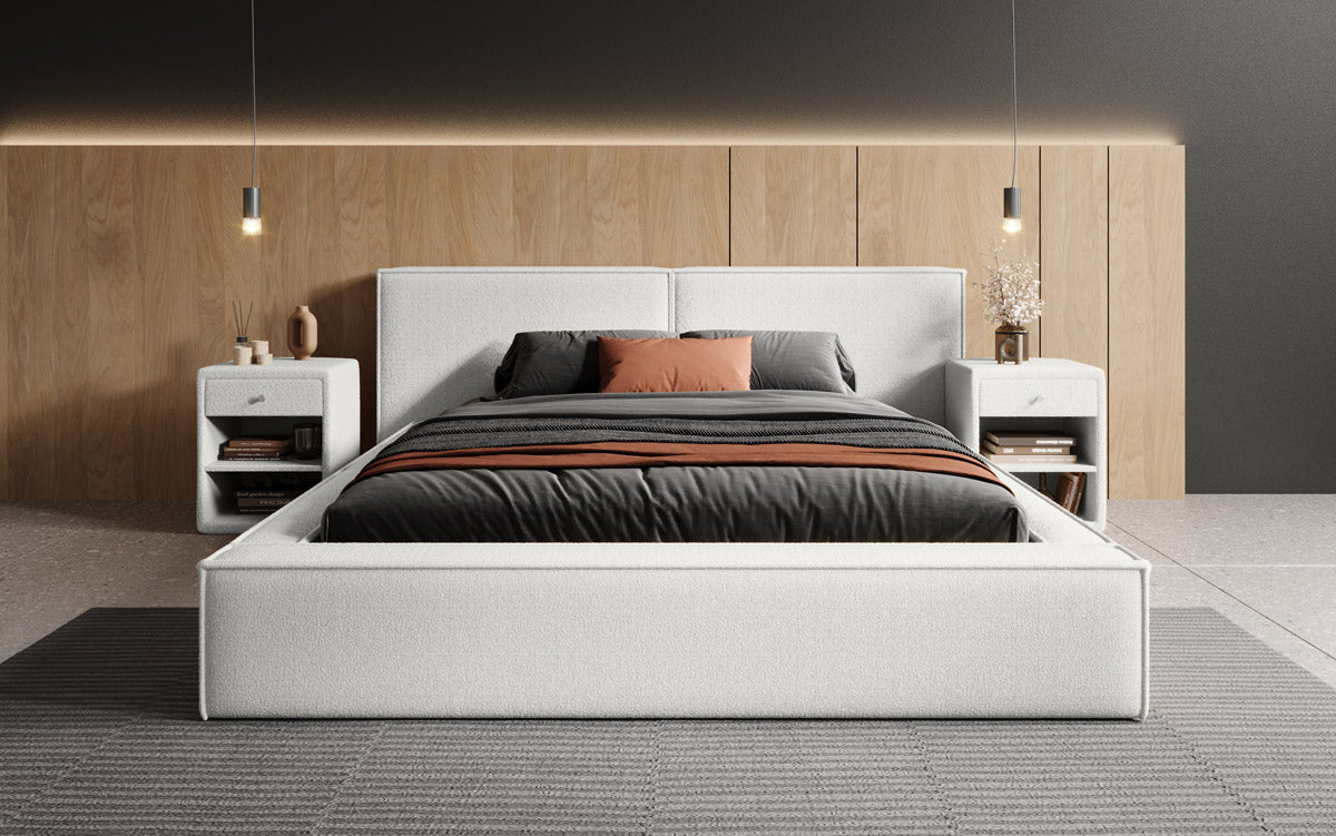 Luxusbetten24 Ophelia Polsterbett Bouclé mit Stauraum für Schlafzimmer