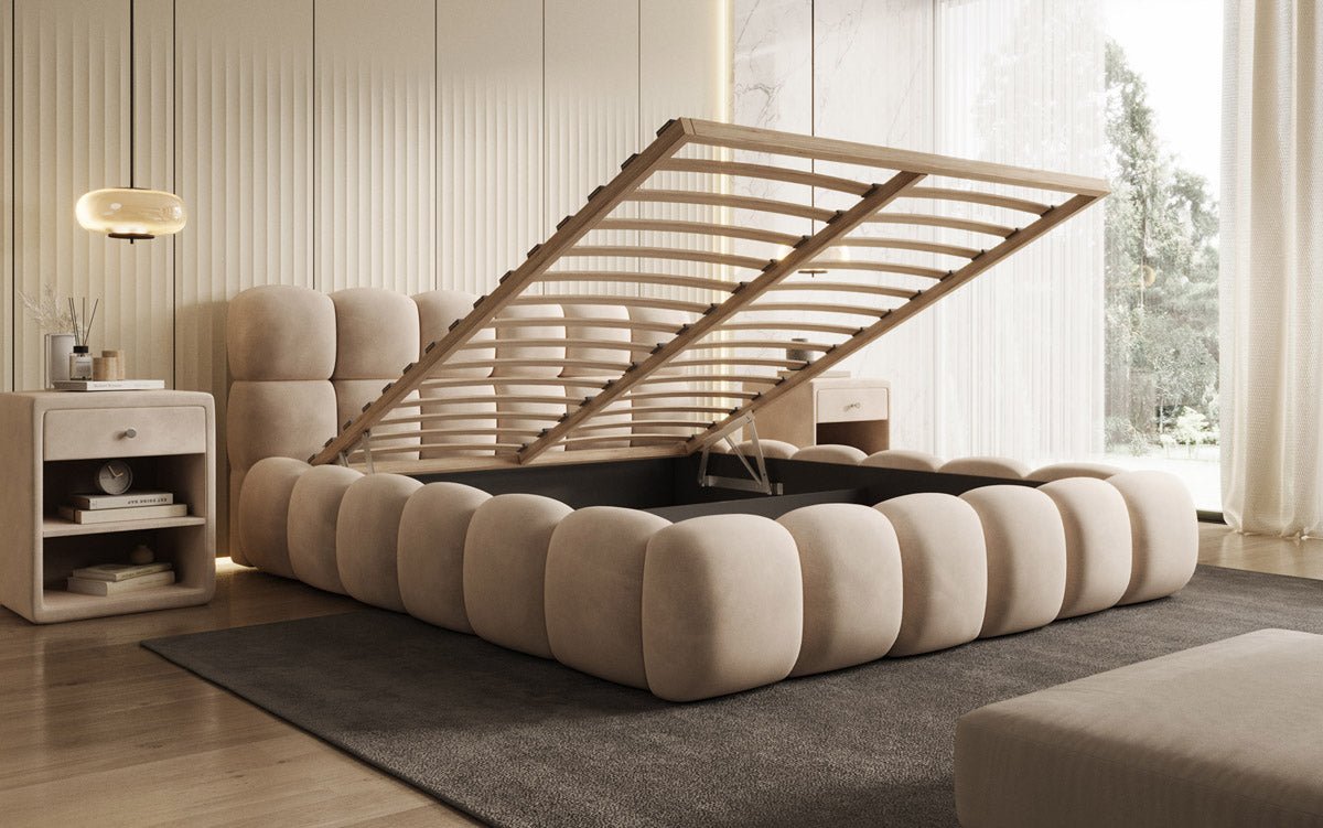 Luxusbetten24 Designer Polsterbett Boston Samt mit Stauraum 140×200 Beige
