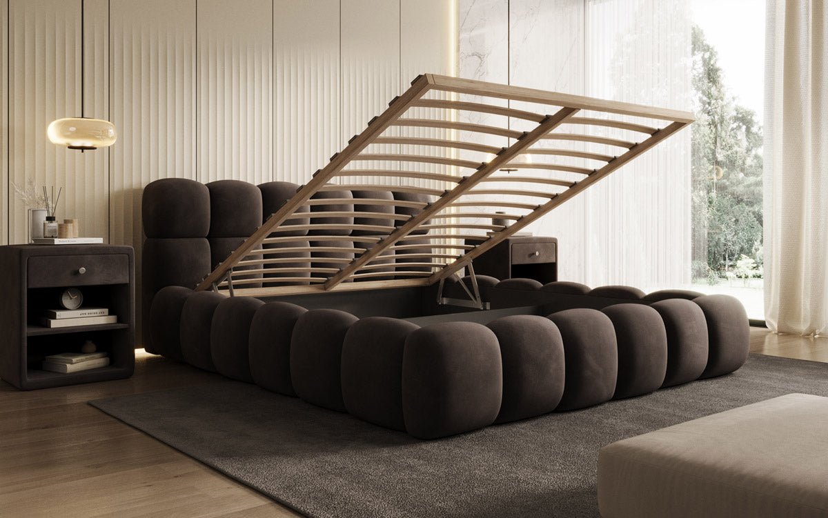 Luxusbetten24 Designer Polsterbett Boston Samt mit Stauraum 140×200 Beige