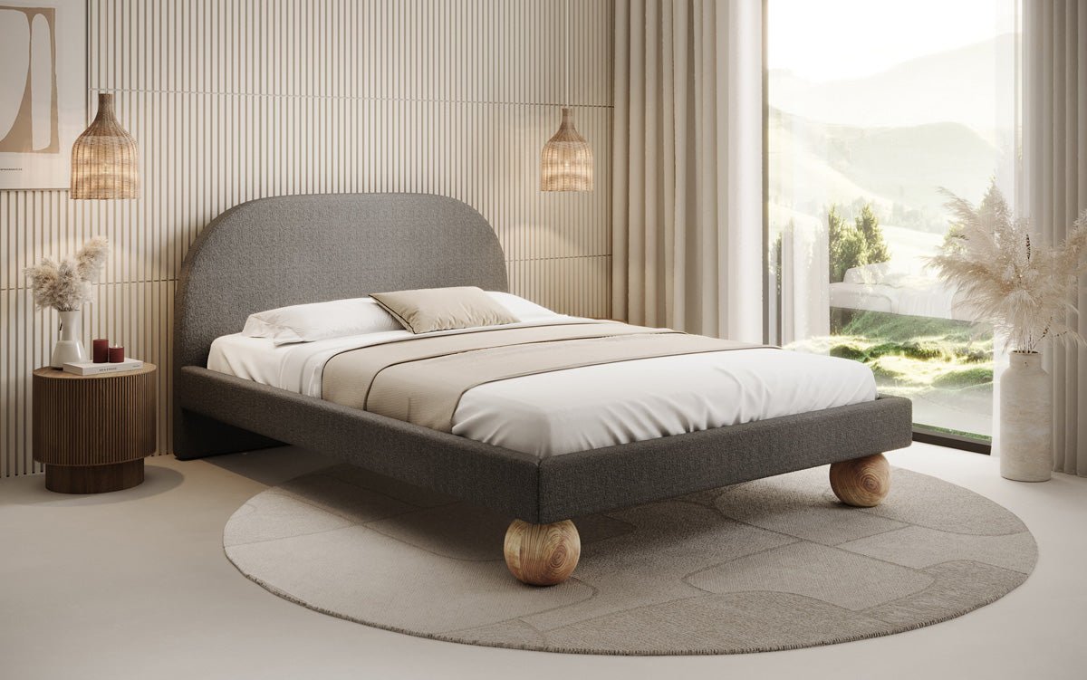 Luxusbetten24 Milo Designer Polsterbett Bouclé mit runden Holzfüßen