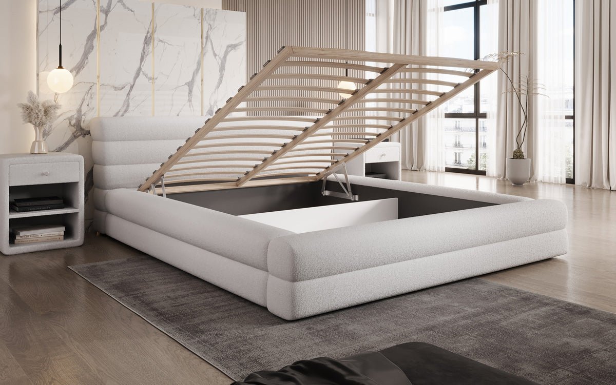 Designer Luxusbetten24 Velana Bouclé Polsterbett 120×200 mit Hellgrau