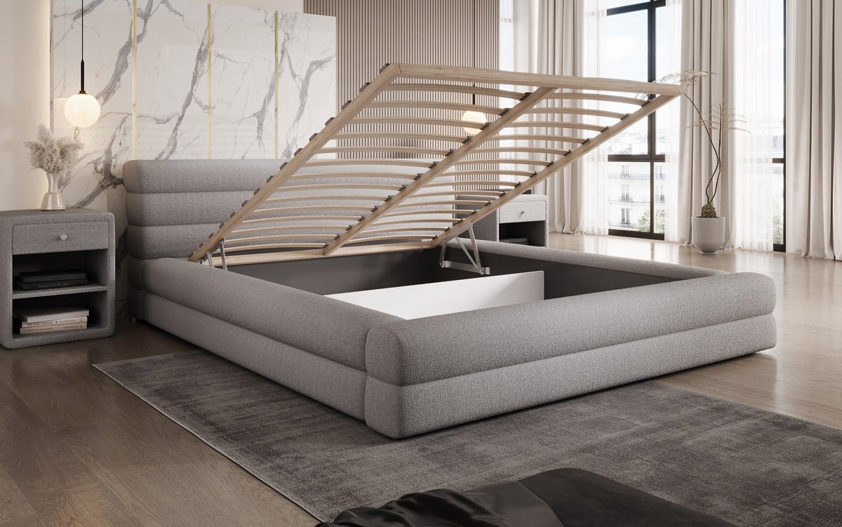 Designer Luxusbetten24 Velana Bouclé Polsterbett 120×200 mit Hellgrau
