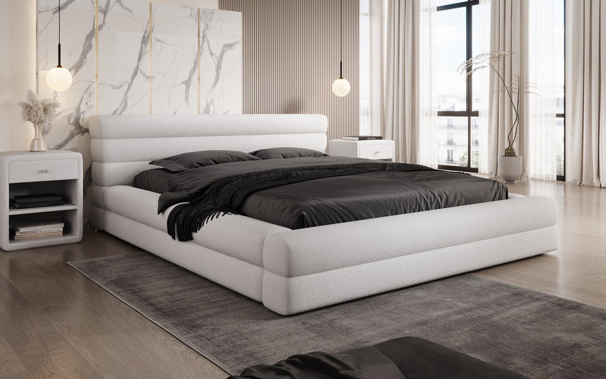 Designer Luxusbetten24 Velana Bouclé Polsterbett 120×200 mit Hellgrau