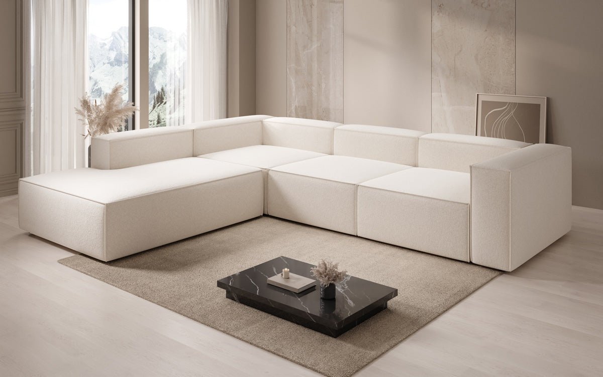 Lesley L Designer Sofa mit langer Ottomane aus Strukturstoff