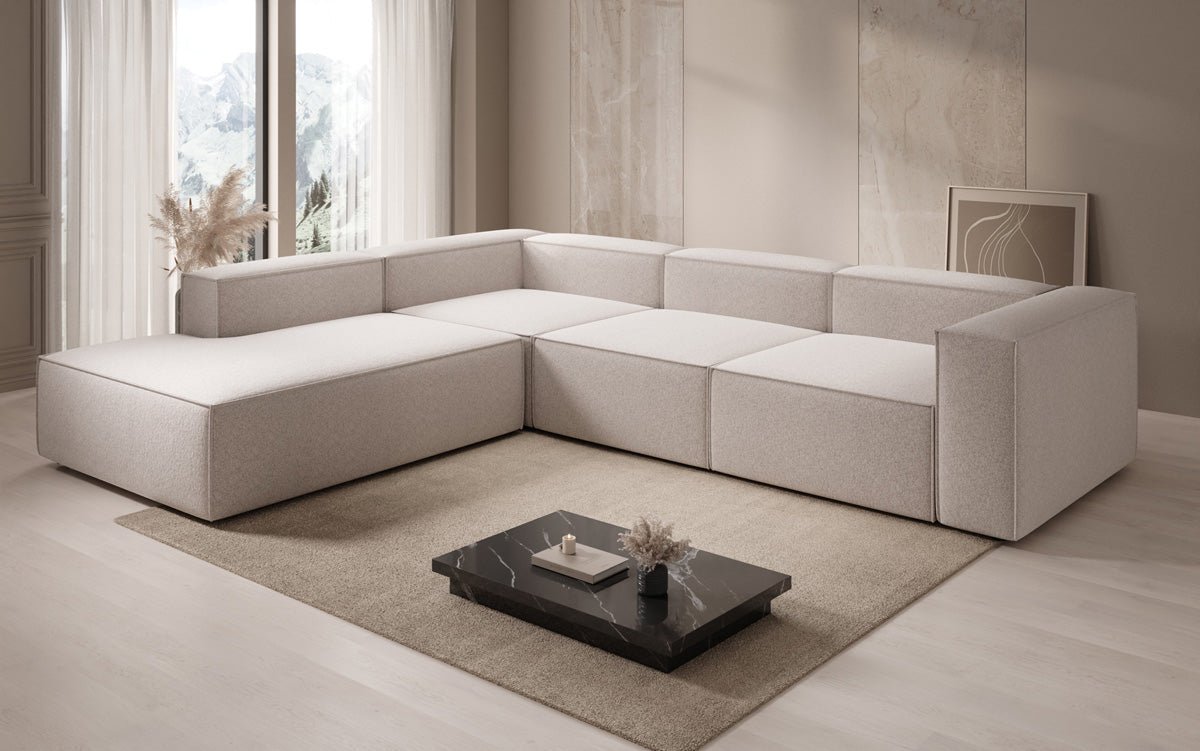 Lesley L Designer Sofa mit langer Ottomane aus Strukturstoff