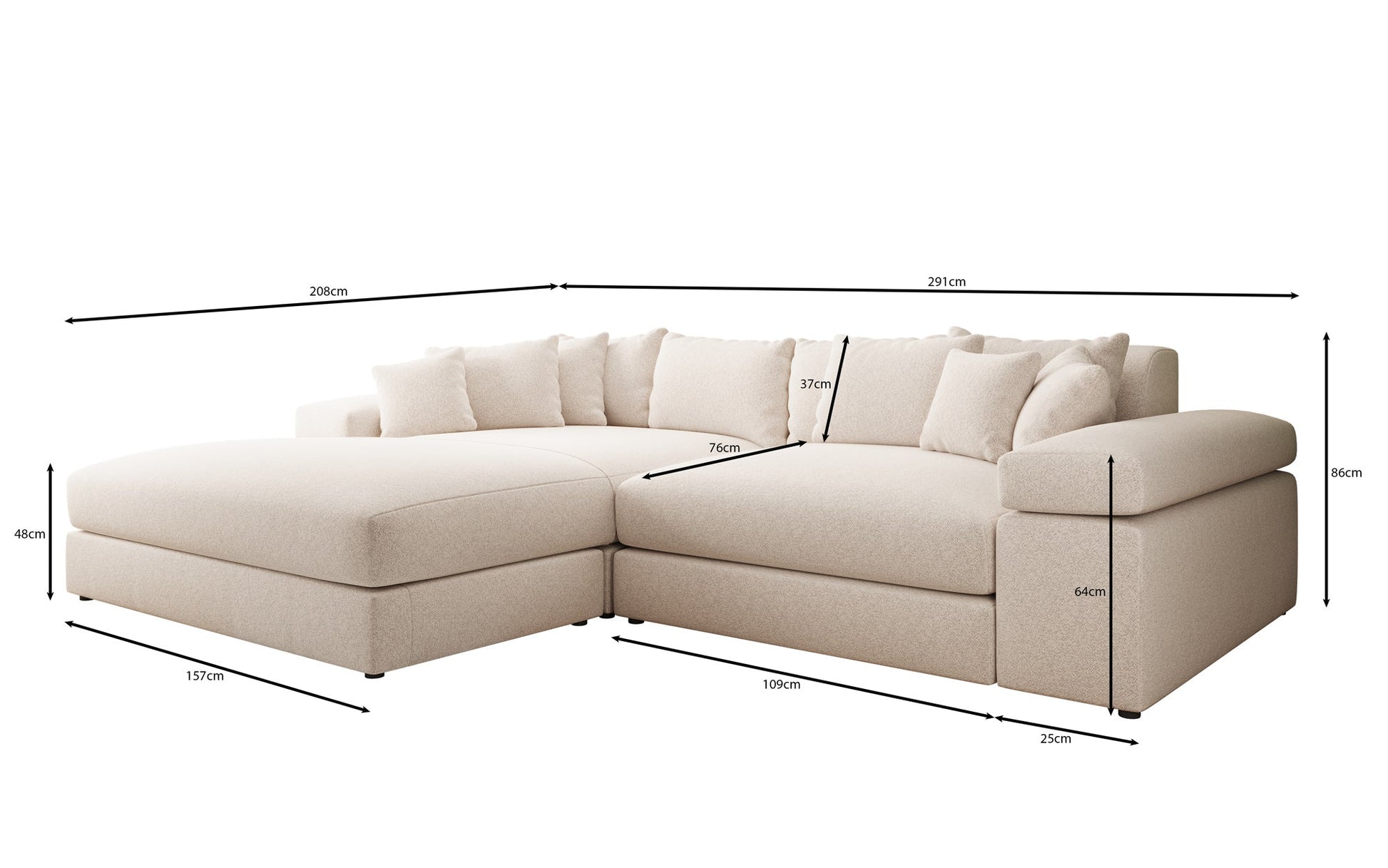 Luxusbetten24 Bernardo Sofa mit breiter Ottomane aus Strukturstoff