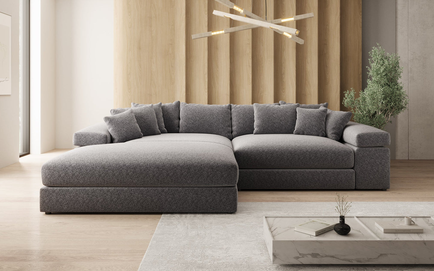 Luxusbetten24 Bernardo Sofa mit breiter Ottomane aus Strukturstoff