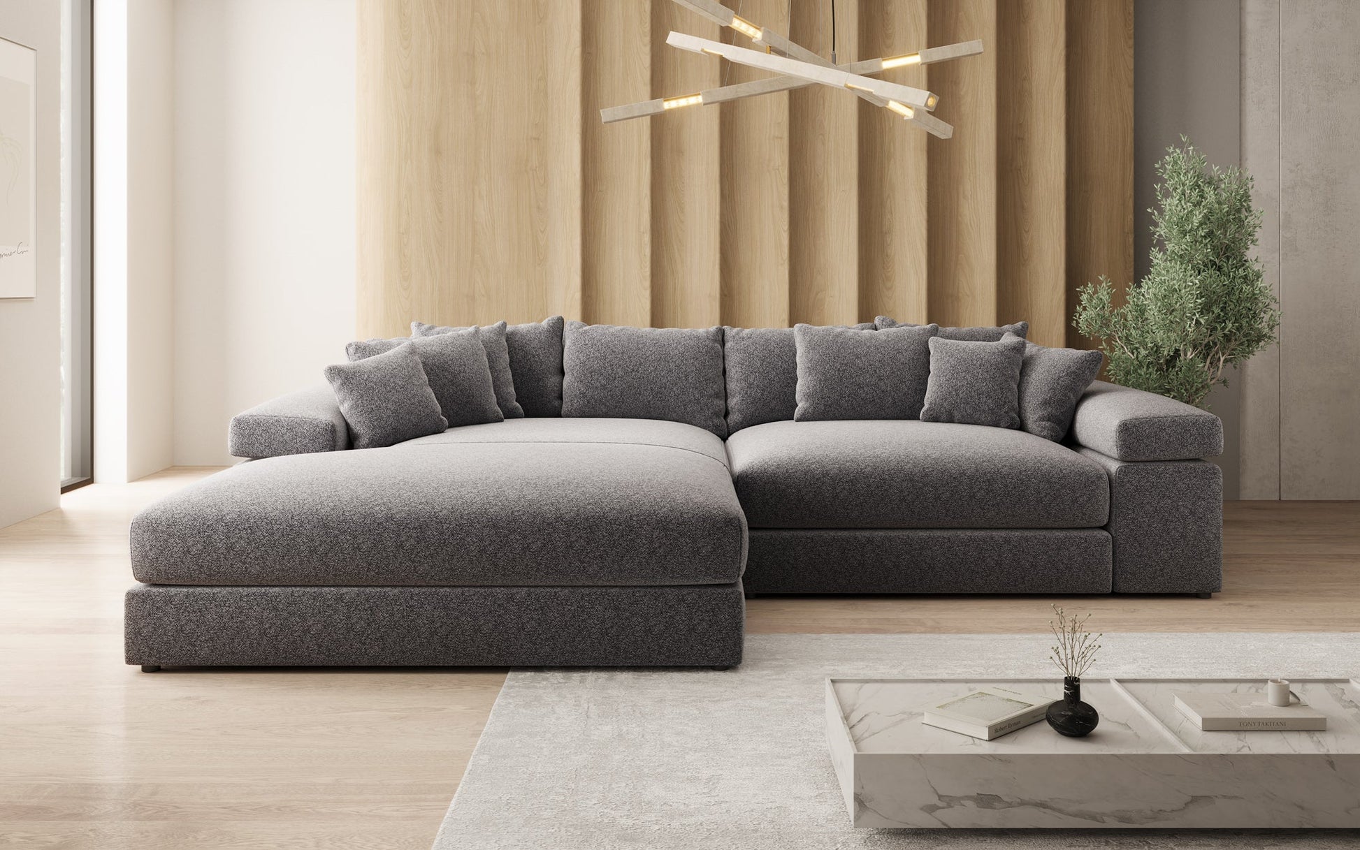Luxusbetten24 Bernardo Sofa mit breiter Ottomane aus Strukturstoff