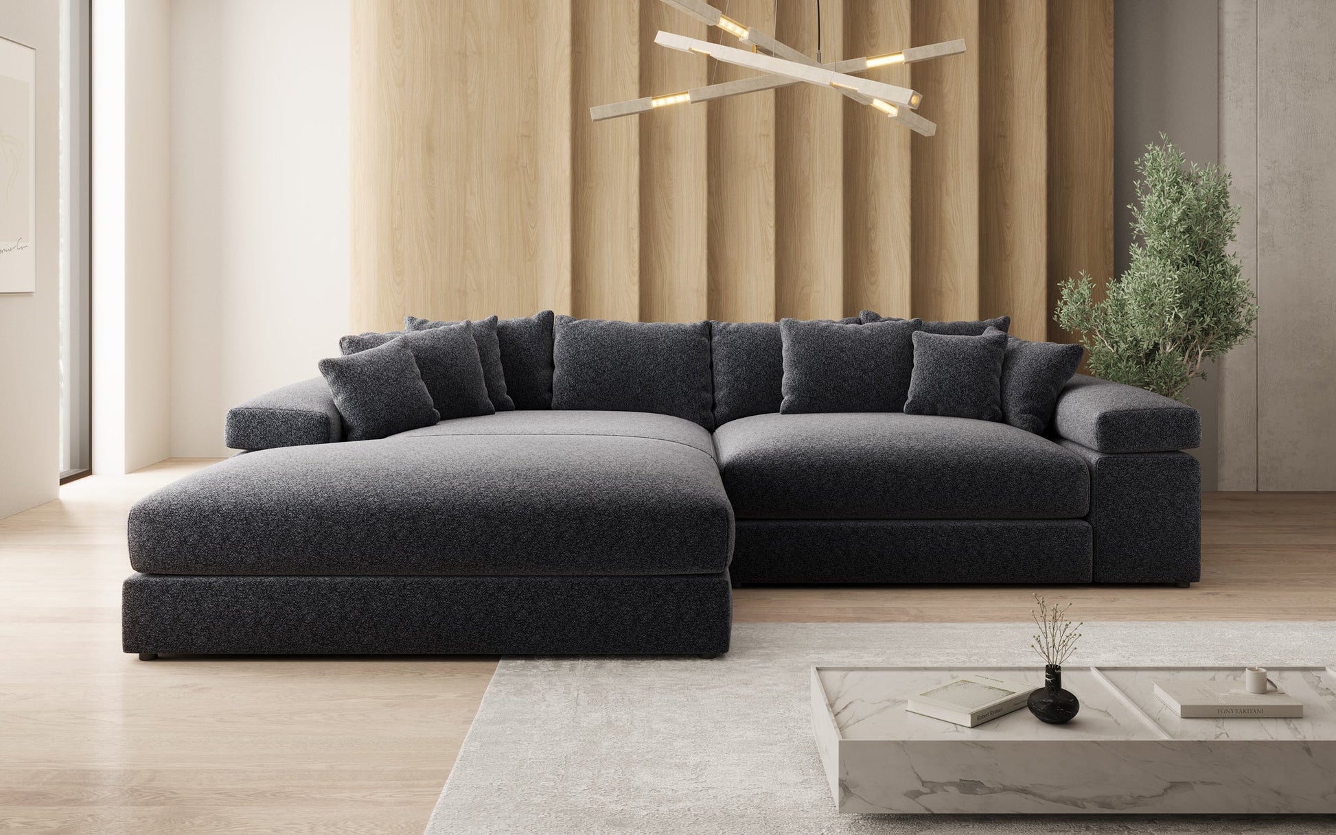 Luxusbetten24 Bernardo Sofa mit breiter Ottomane aus Strukturstoff