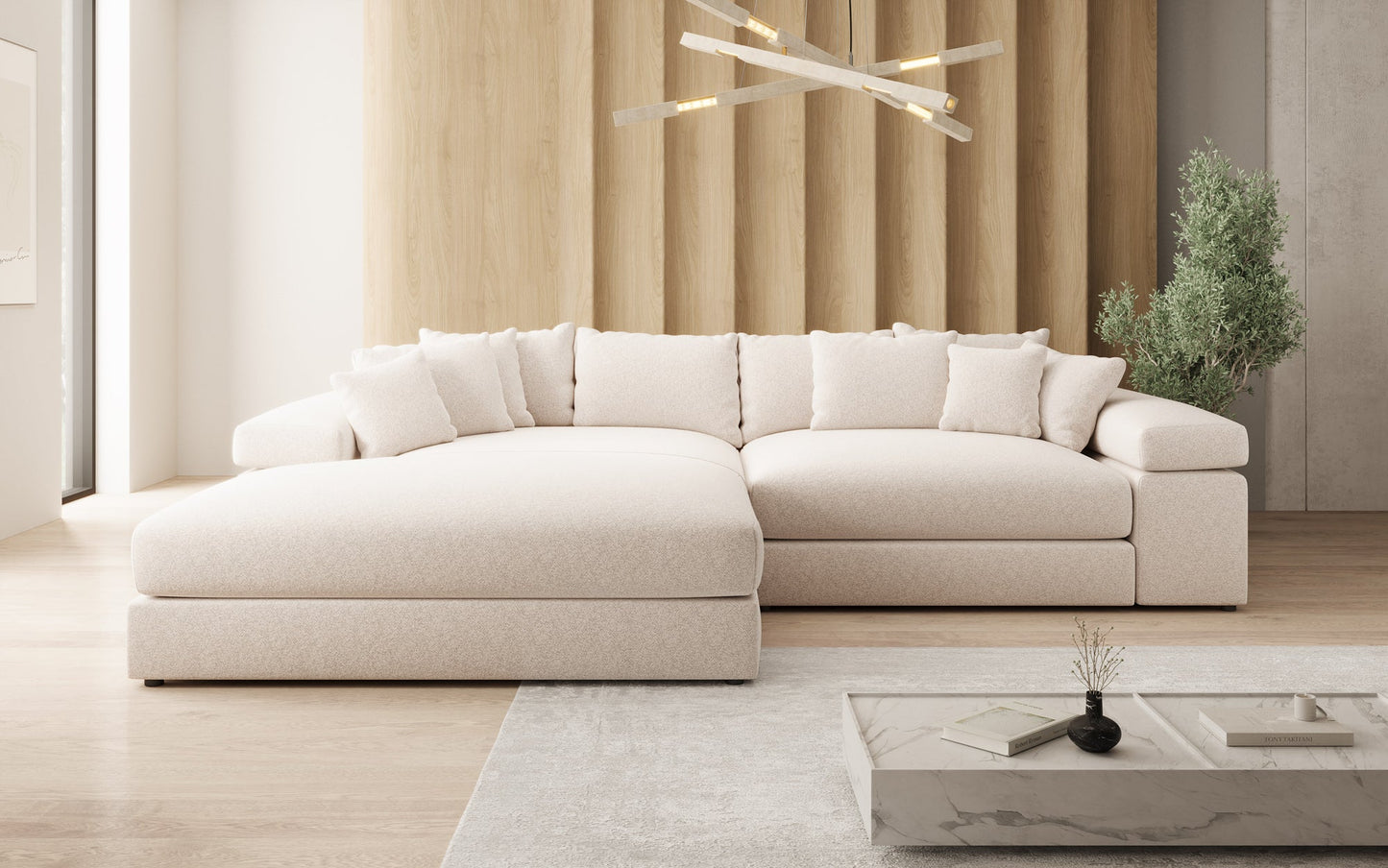 Luxusbetten24 Bernardo Sofa mit breiter Ottomane aus Strukturstoff