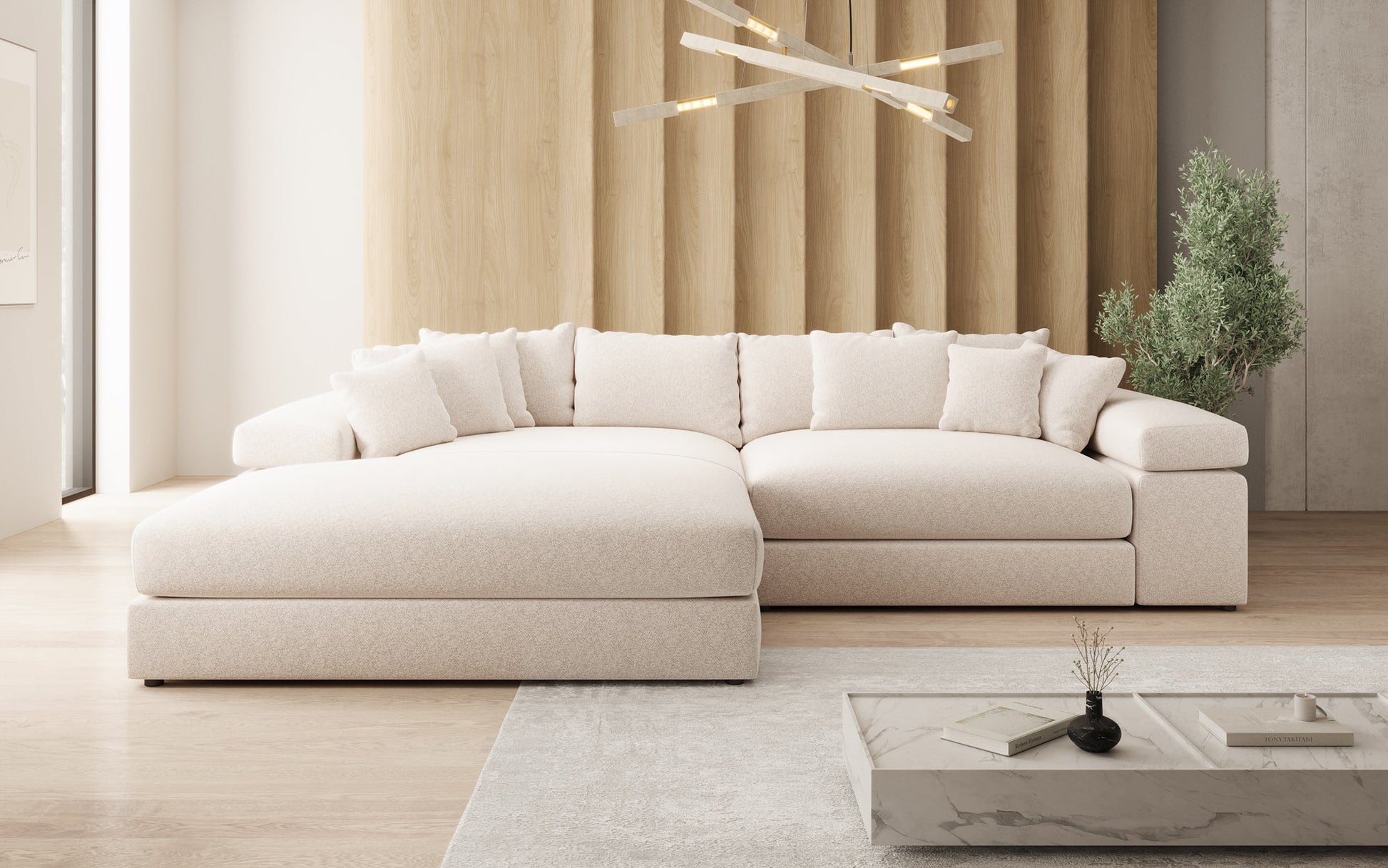 Luxusbetten24 Bernardo Sofa mit breiter Ottomane aus Strukturstoff
