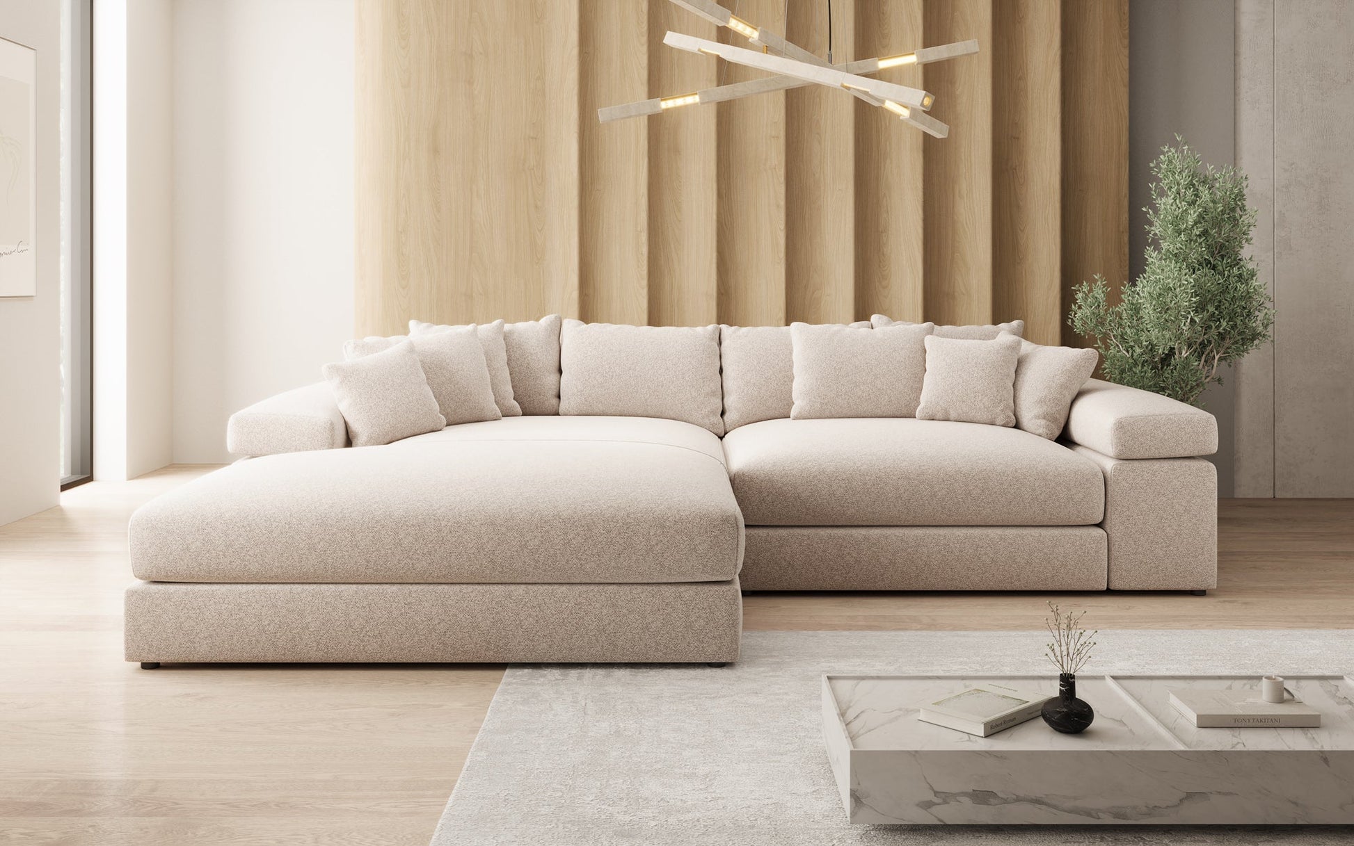 Luxusbetten24 Bernardo Sofa mit breiter Ottomane aus Strukturstoff