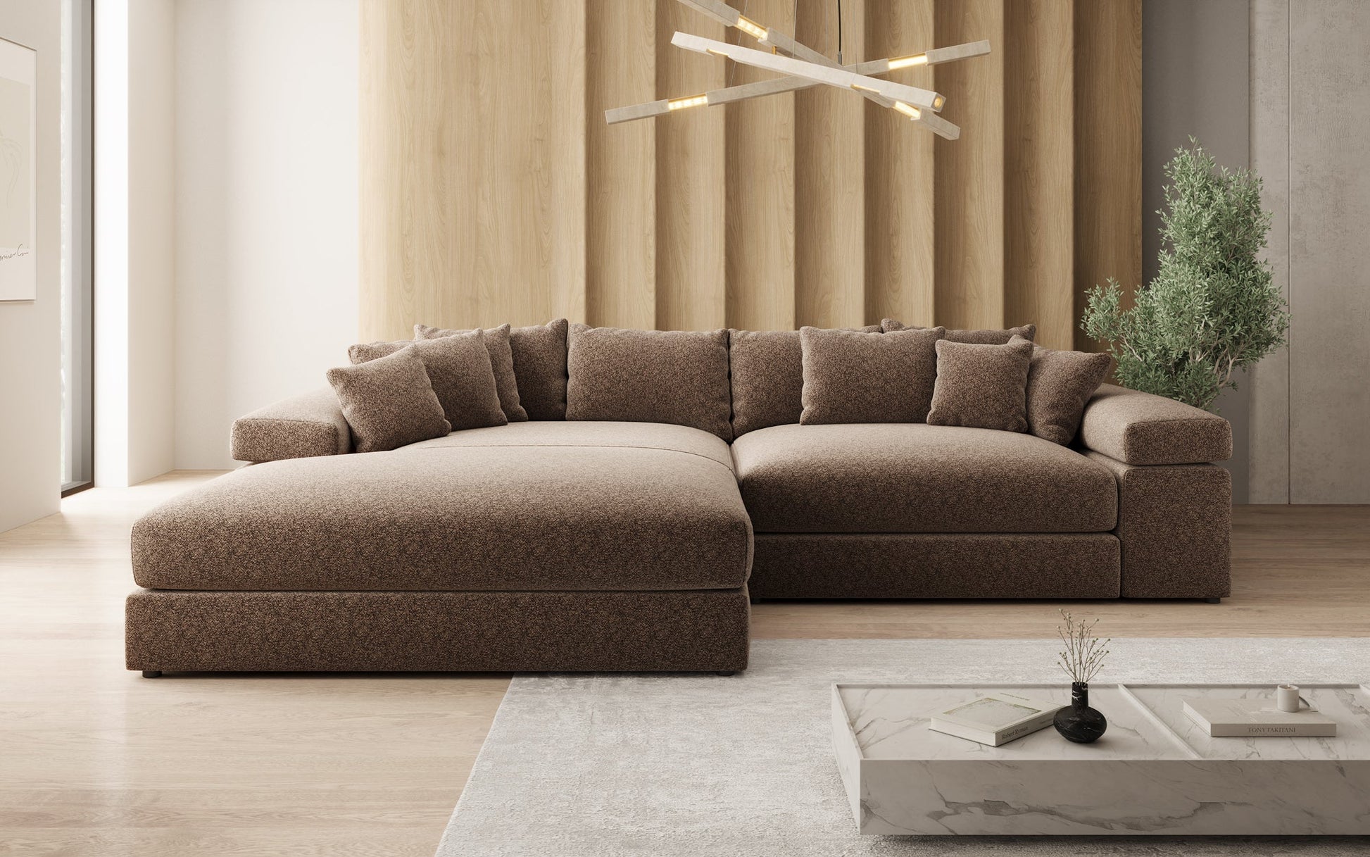 Luxusbetten24 Bernardo Sofa mit breiter Ottomane aus Strukturstoff
