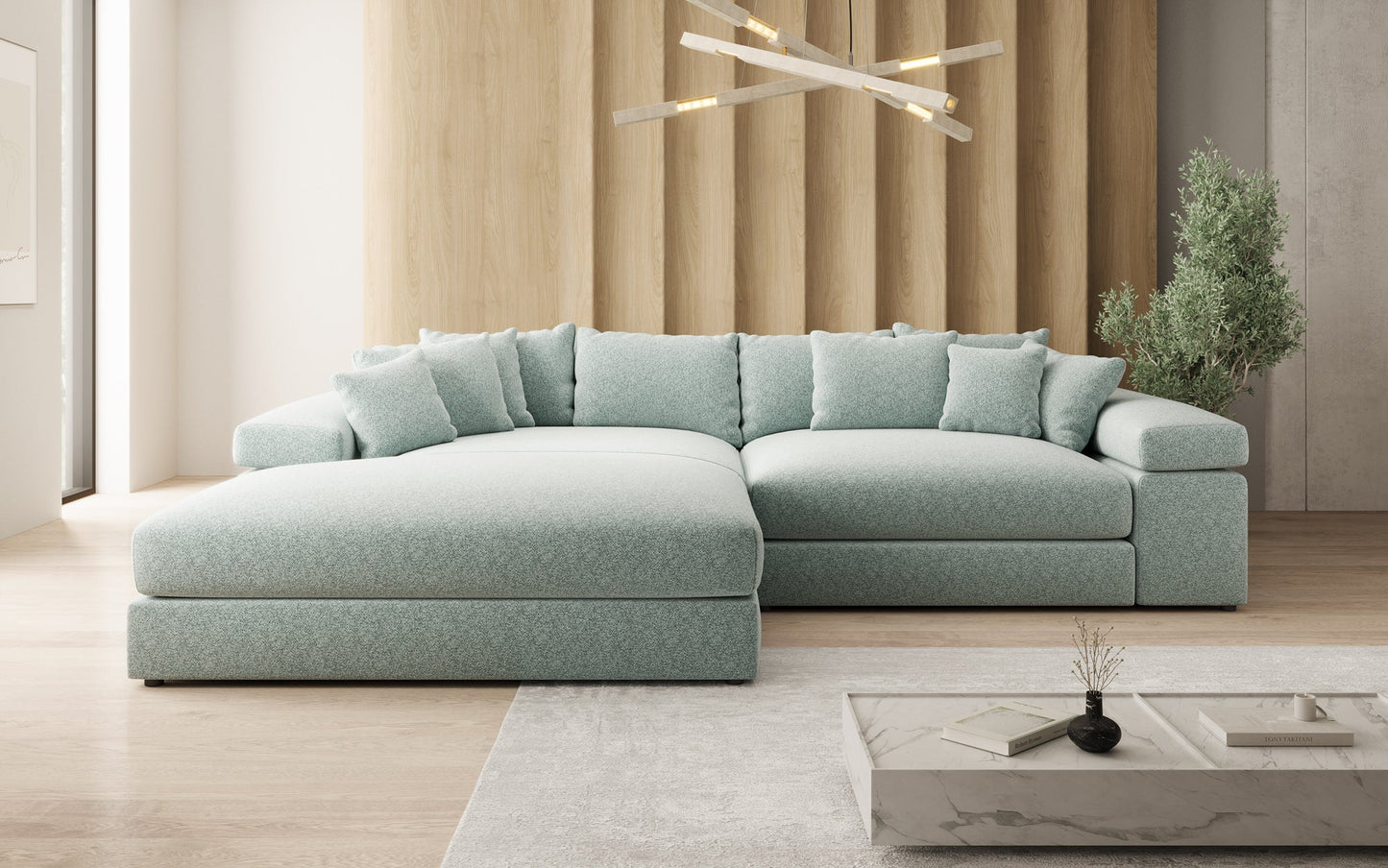 Luxusbetten24 Bernardo Sofa mit breiter Ottomane aus Strukturstoff