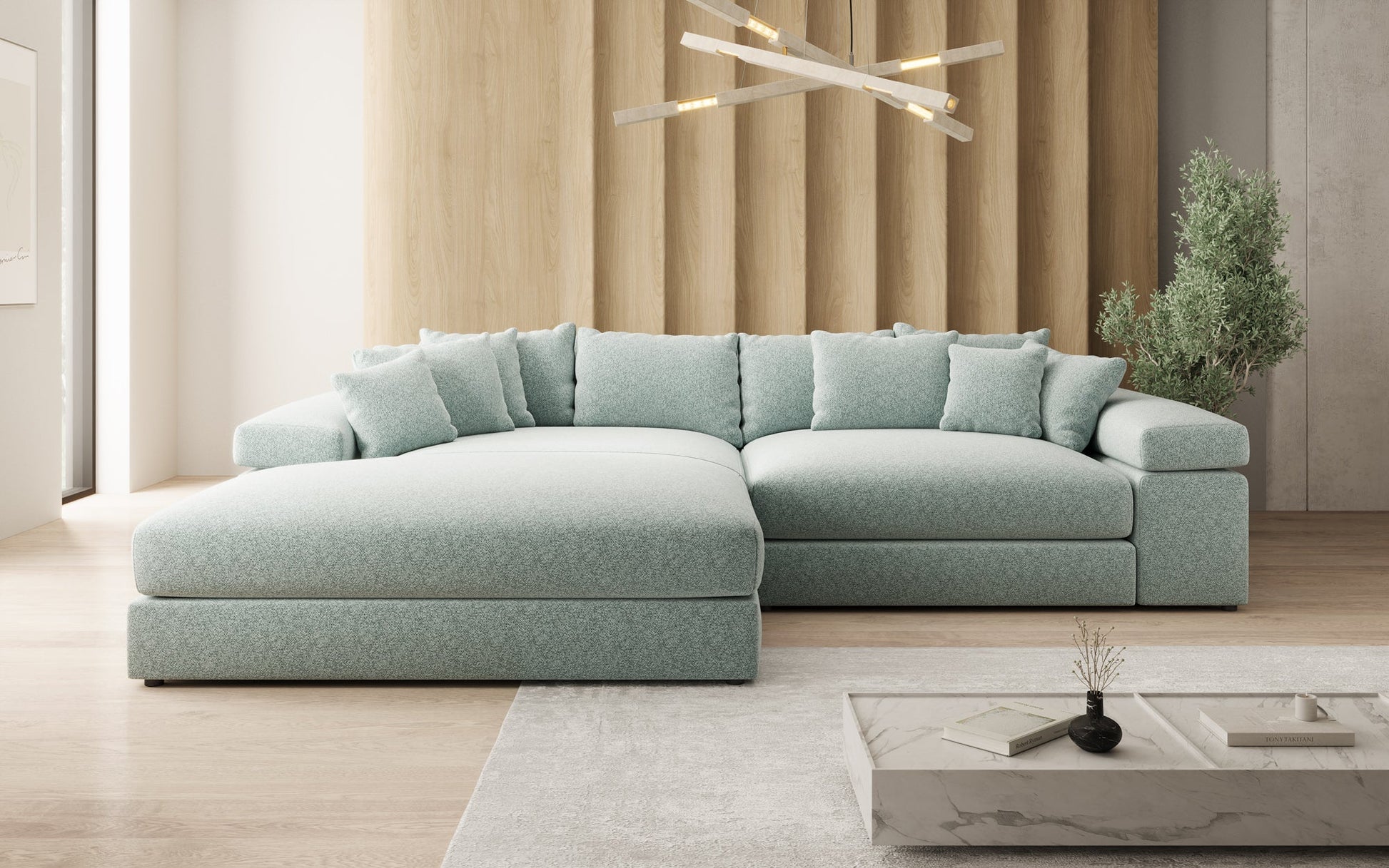 Luxusbetten24 Bernardo Sofa mit breiter Ottomane aus Strukturstoff