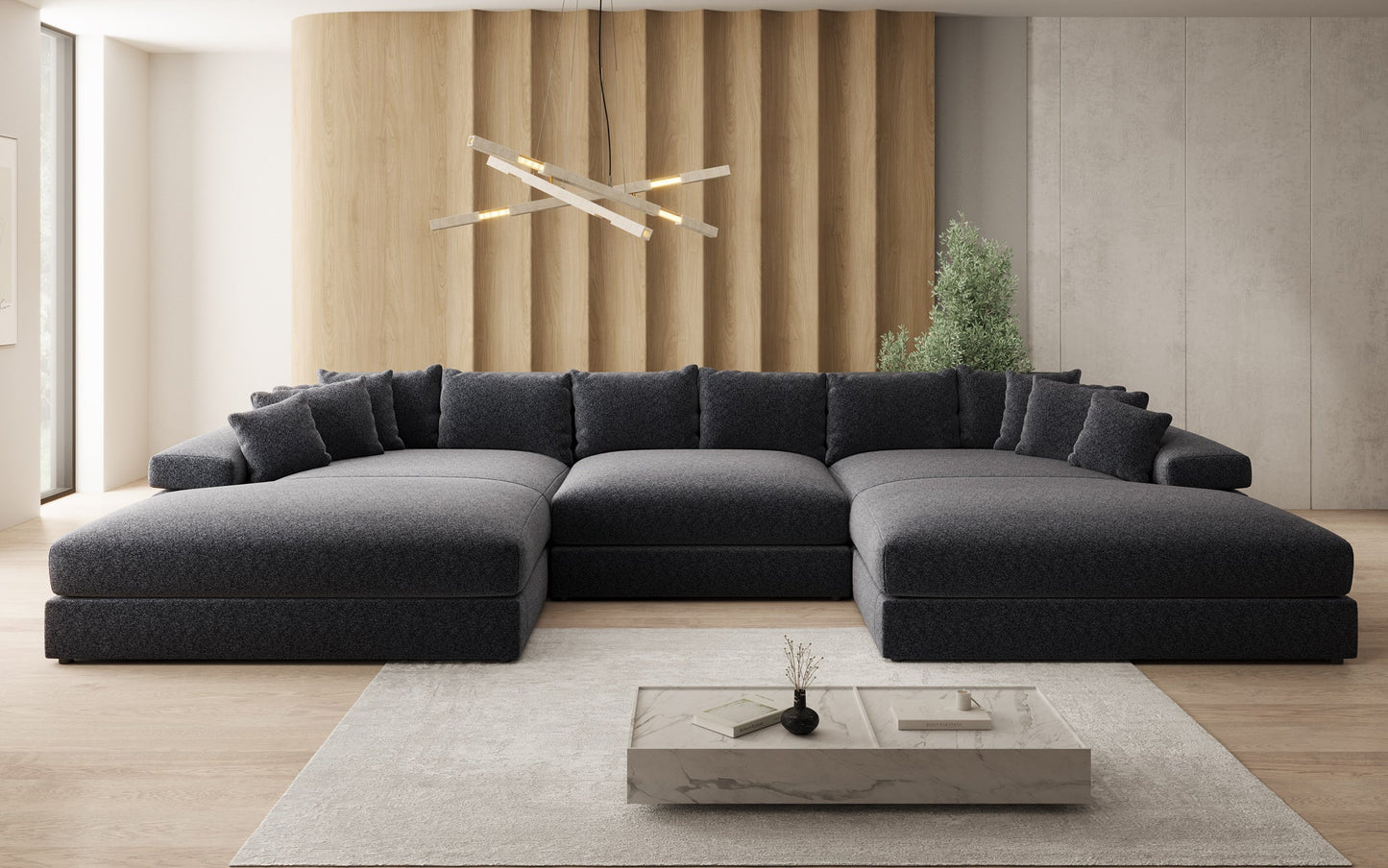 Bernardo U Designer Sofa mit breiter Ottomane aus Strukturstoff