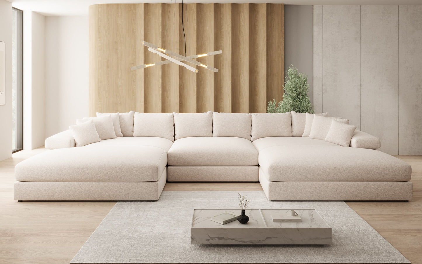 Bernardo U Designer Sofa mit breiter Ottomane aus Strukturstoff