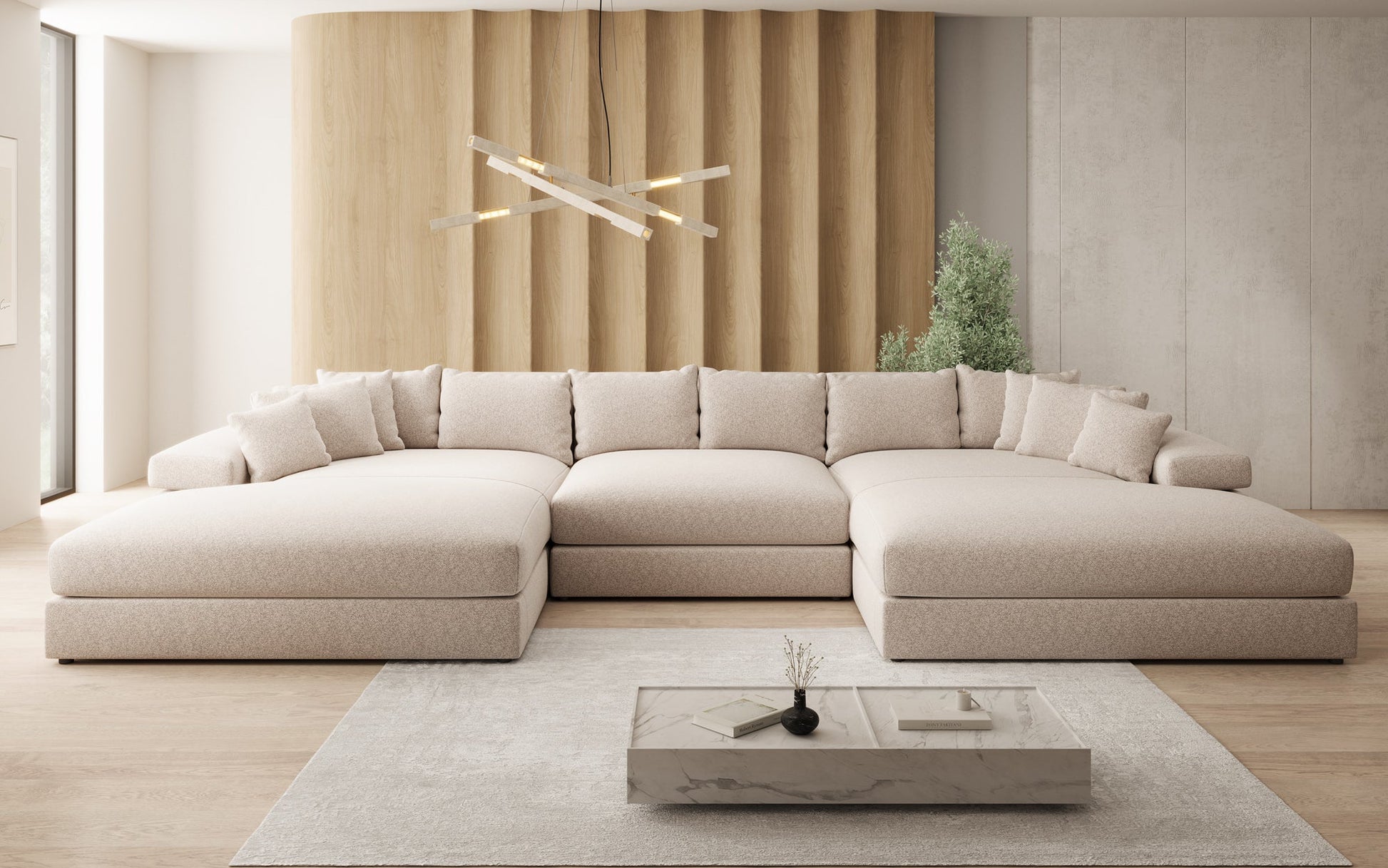 Bernardo U Designer Sofa mit breiter Ottomane aus Strukturstoff