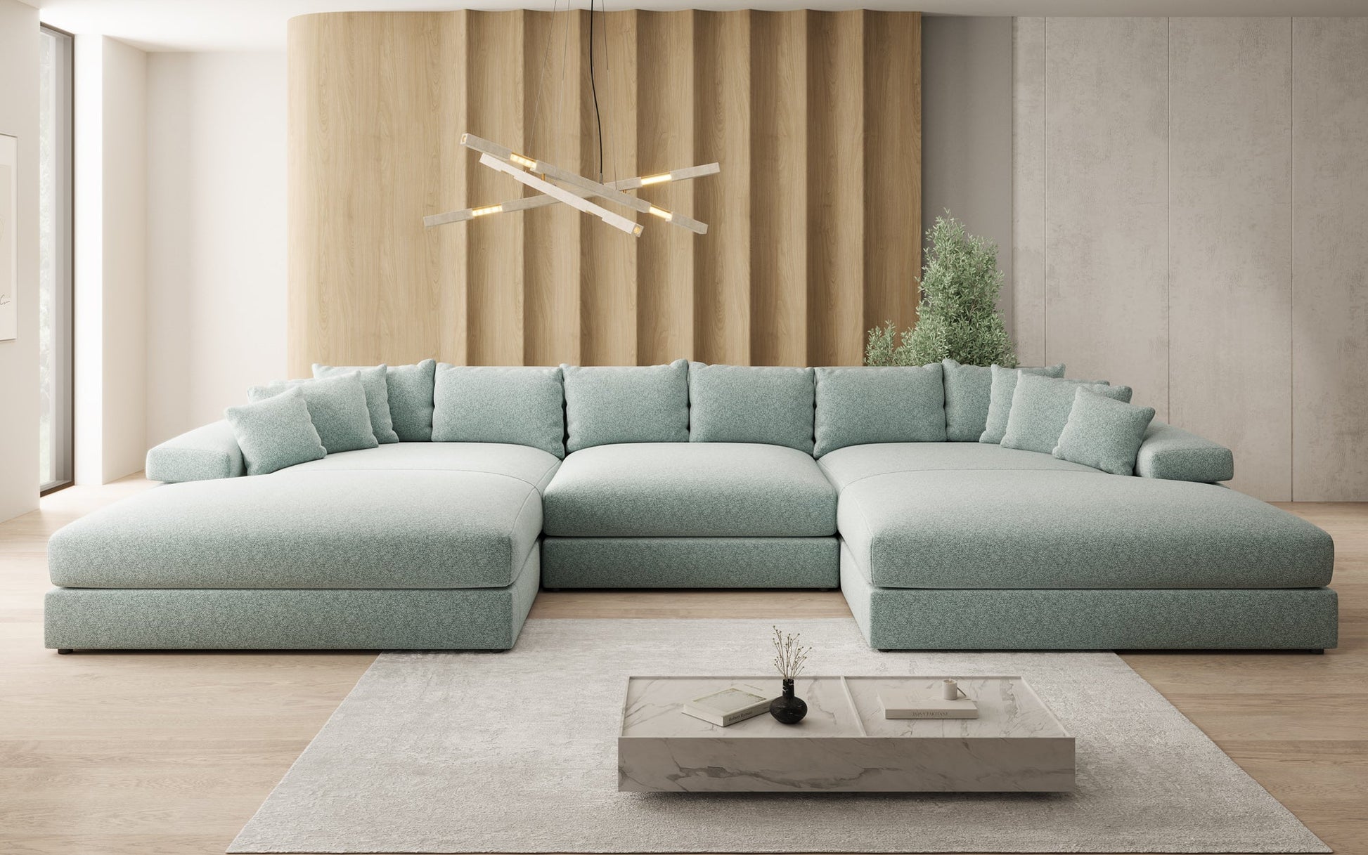 Bernardo U Designer Sofa mit breiter Ottomane aus Strukturstoff