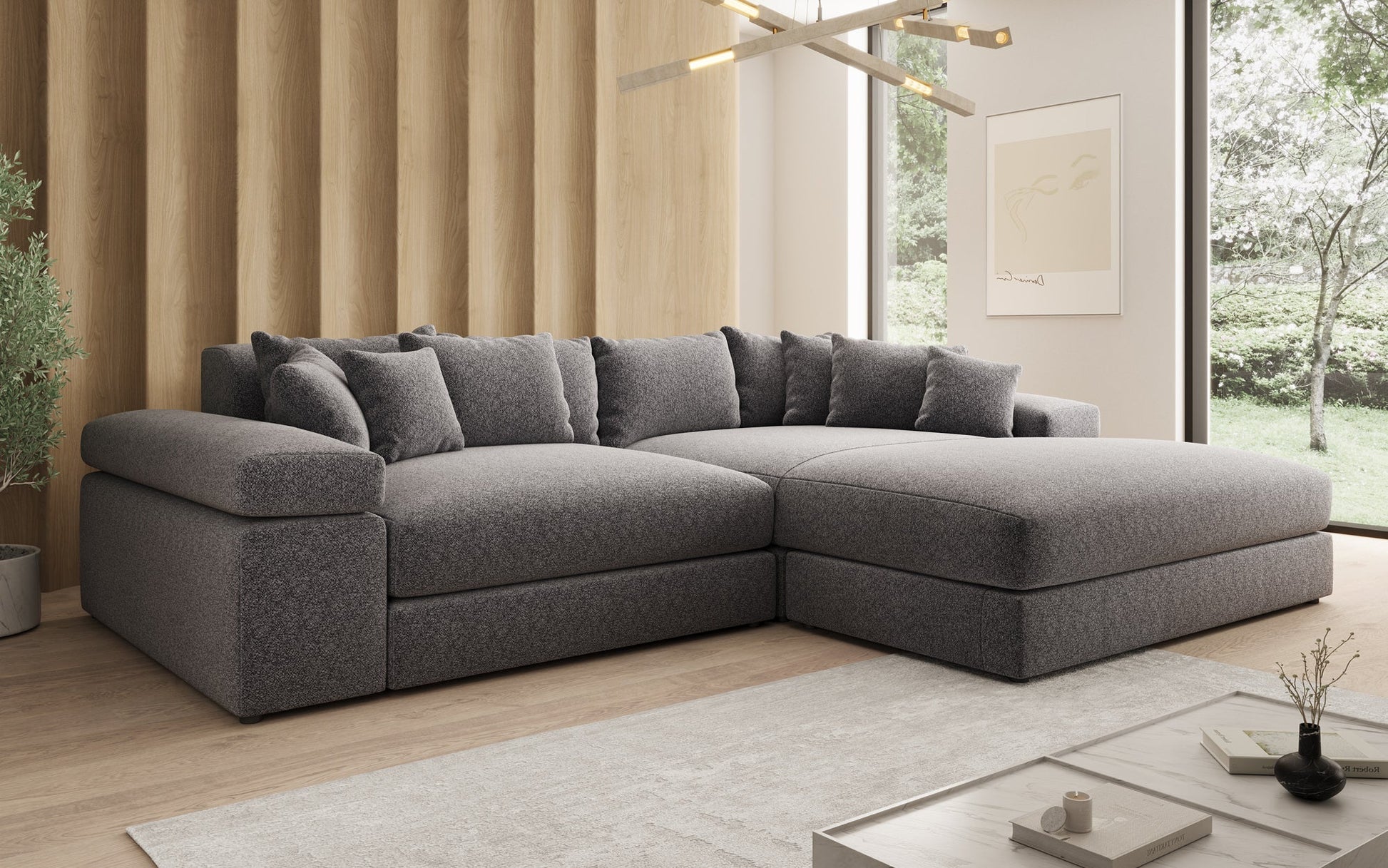 Luxusbetten24 Bernardo Sofa mit breiter Ottomane aus Strukturstoff