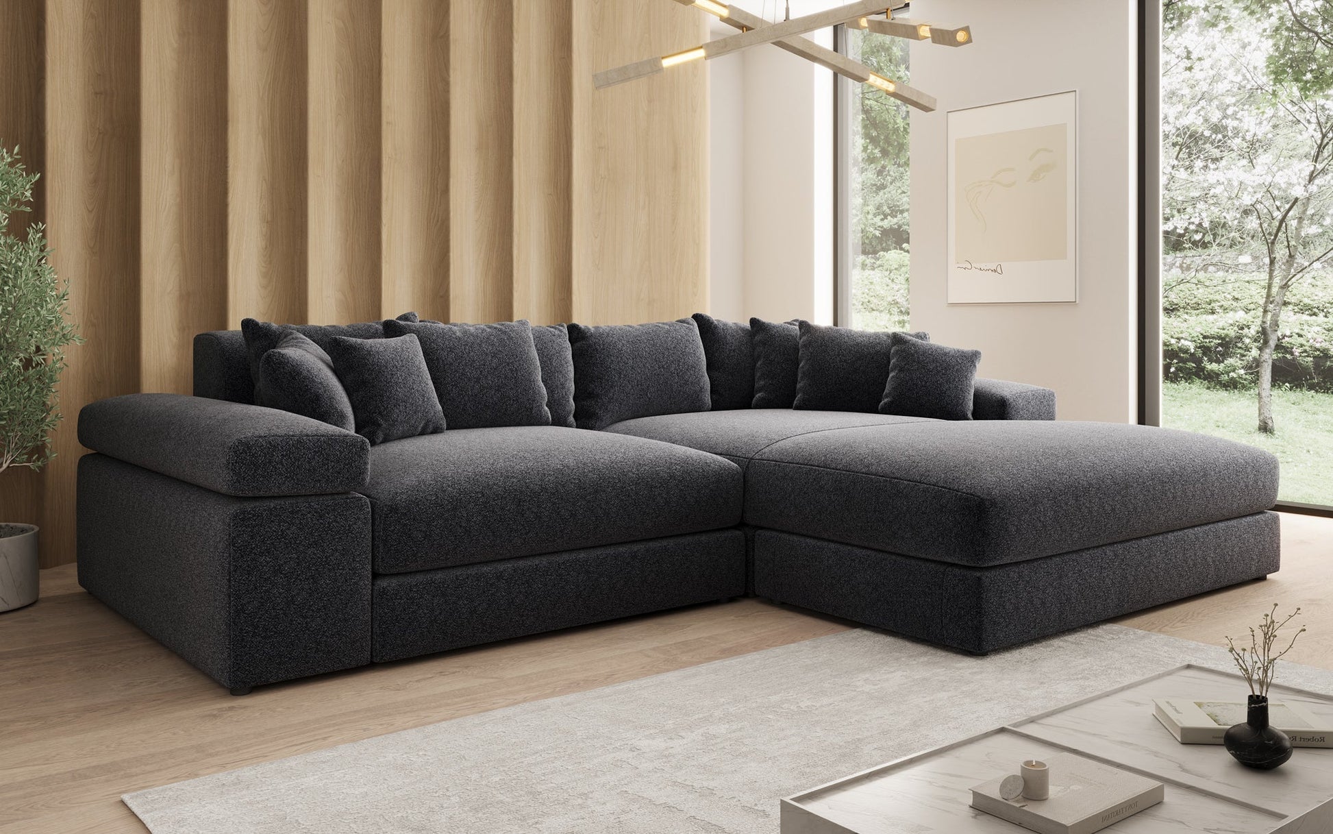 Luxusbetten24 Bernardo Sofa mit breiter Ottomane aus Strukturstoff
